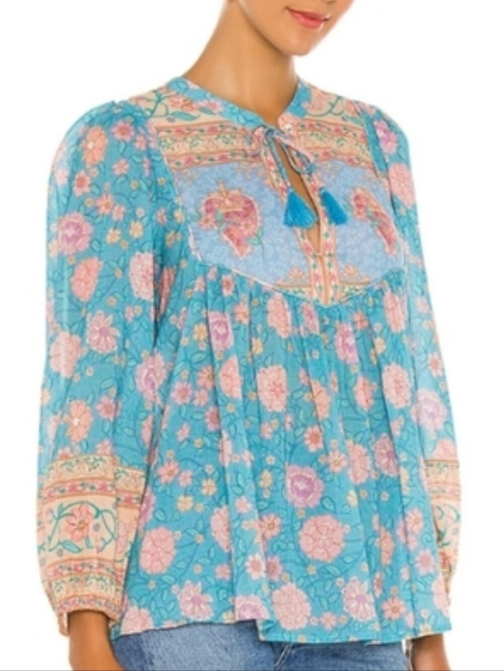Spell & The Gypsy Floral Blue Peasant Tunic with Pink + Cream Accents Size Small